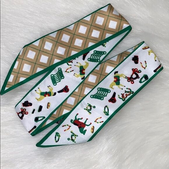 Silk scarf Plaid 🐎 Horse Twilly Bandeau Bag Tie  - Picture 3 of 3